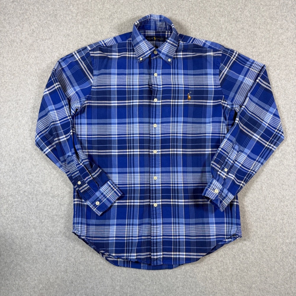 Ralph Lauren Button Down Shirt Men S Blue Plaid Long Sleeve Flesh Pony Preppy
